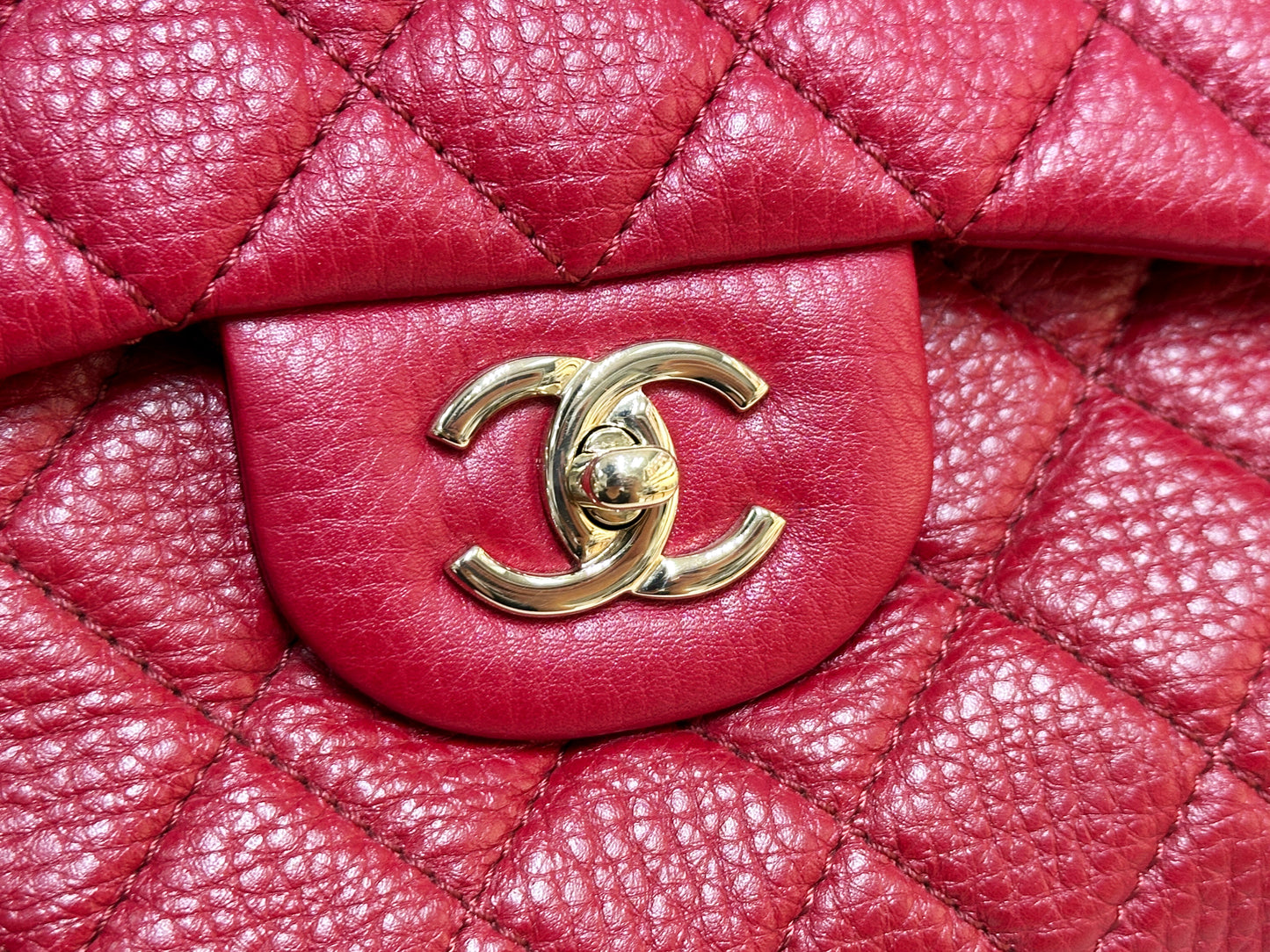 Chanel Red Grained Calfskin XL Small Travel Flap Bag Light Gold Hardware