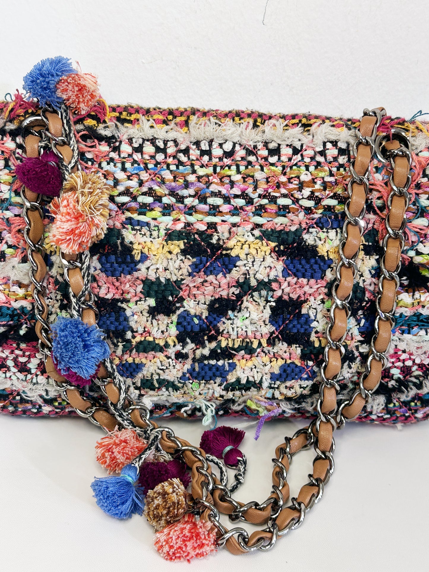 Chanel Pom Pom CC Quilted Tweed Medium Flap Bag