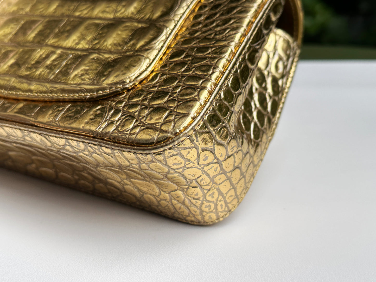Chanel Mini Calfskin Crocodile Embossed Rectangular Gold Metallic Flap Bag 2803 holo card