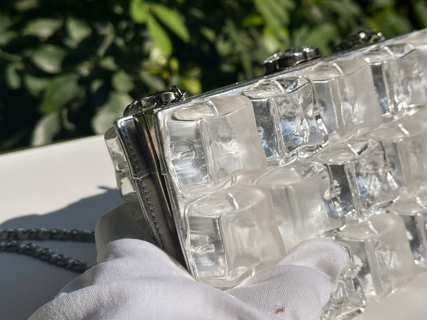 Chanel Silver Metallic Lambskin and Clear Acrylic Ice Cube Bag Silver Hardware 1426 holo card