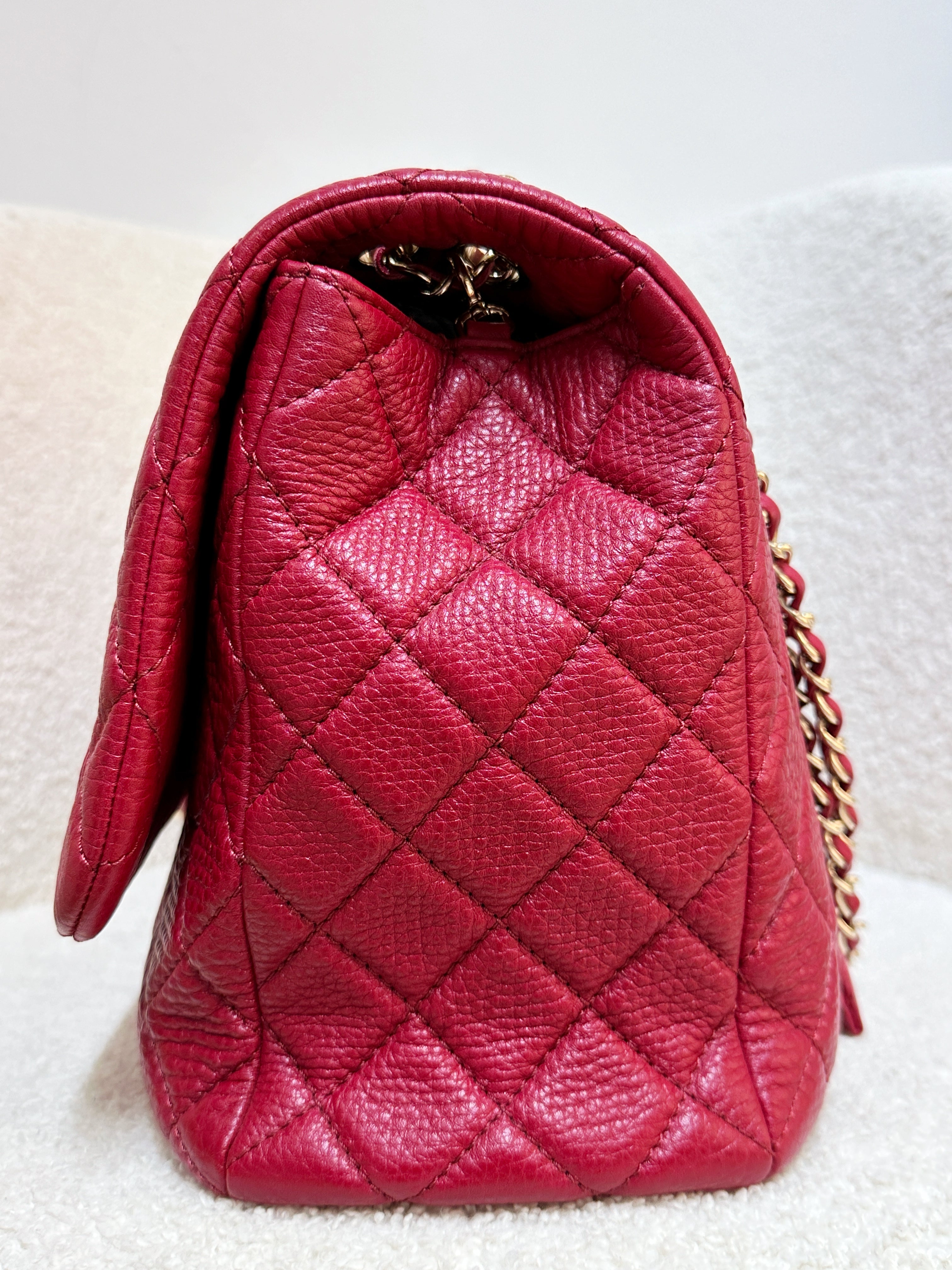 Chanel Red Grained Calfskin XL Small Travel Flap Bag Light Gold Hardware
