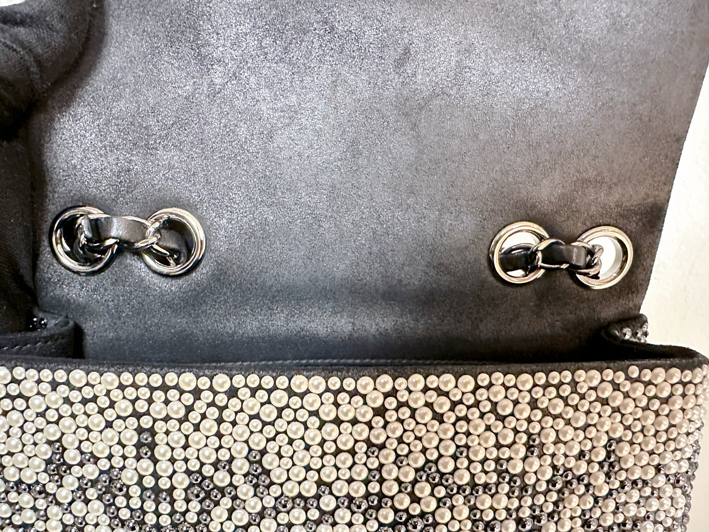 White, Grey and Black Imitation Pearls and Beads and Calfskin Embellished CC MiniClassic Single Flap Ruthenium Hardware, 2014