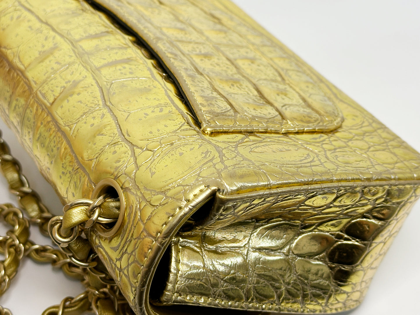 Chanel Mini Calfskin Crocodile Embossed Rectangular Gold Metallic Flap Bag 2813 holo card