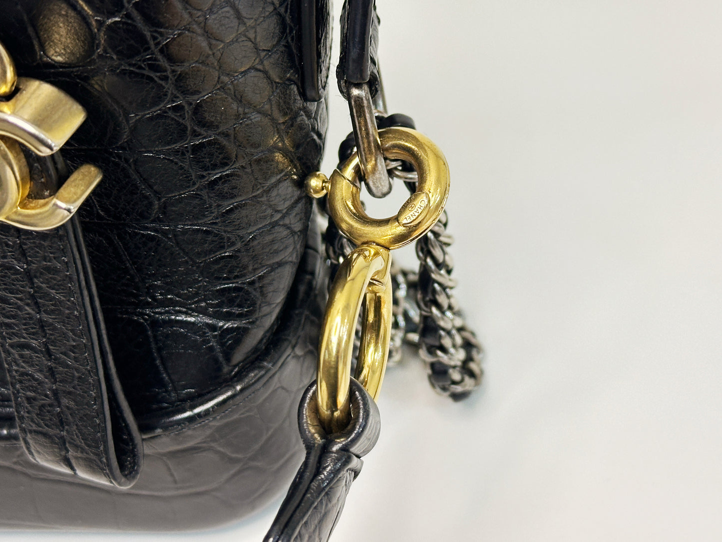 Chanel Small Gabrielle Hobo Bag Crocodile Embossed Calfskin Black 2822 holo card