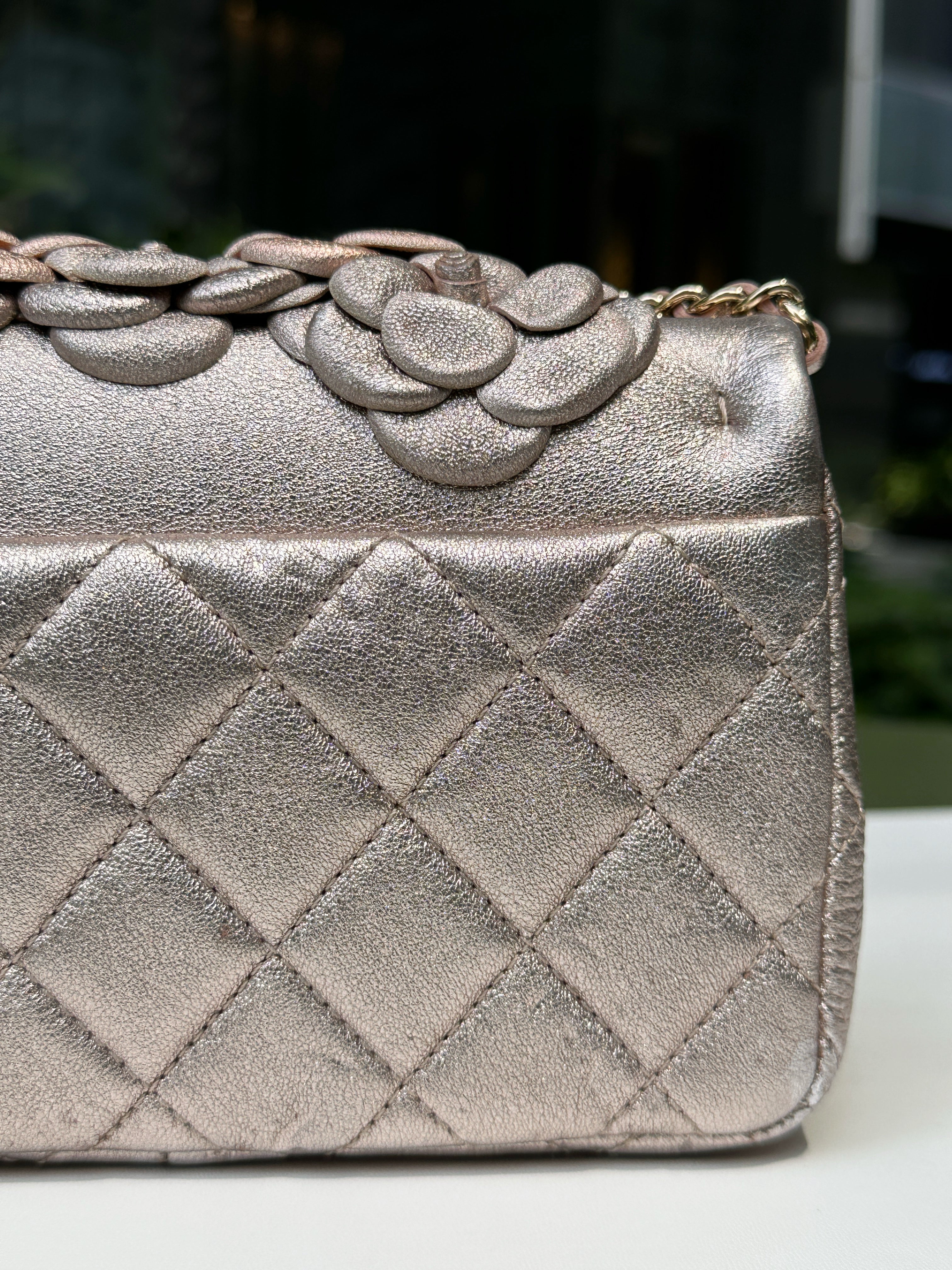 Chanel Camellia Mini Metallic Rose Gold/Pink Lambskin Gold Hardware 2078 holo card