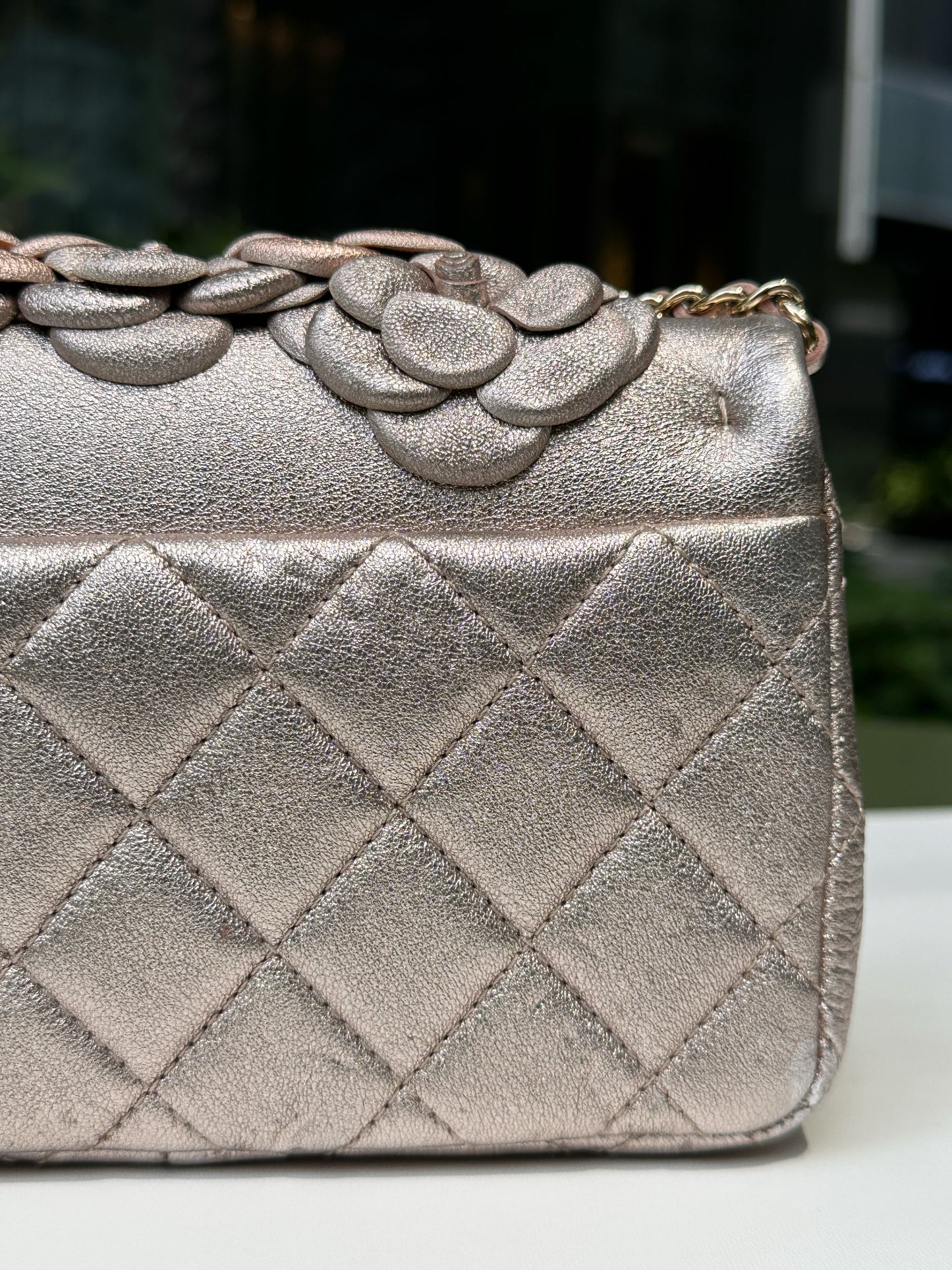 Chanel Camellia Mini Metallic Rose Gold/Pink Lambskin Gold Hardware 2078 holo card