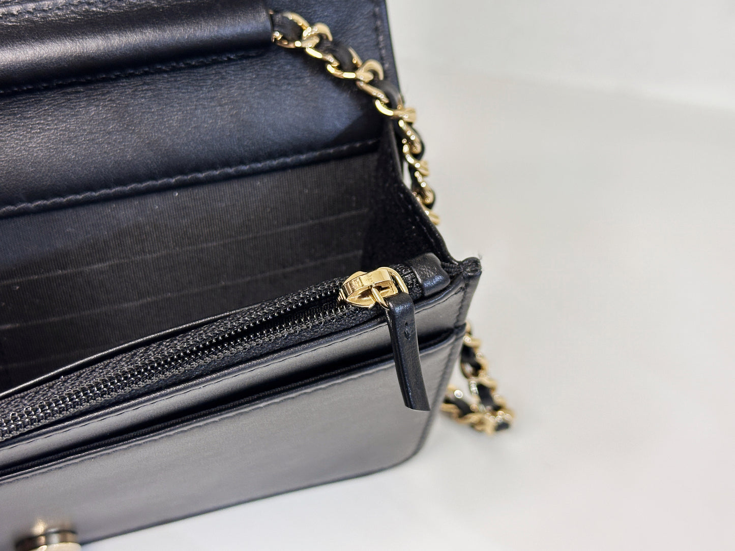 Chanel Black Caviar Camellia Embossed Wallet on Chain WOC Crossbody/ Clutch Bag 2951 holo card