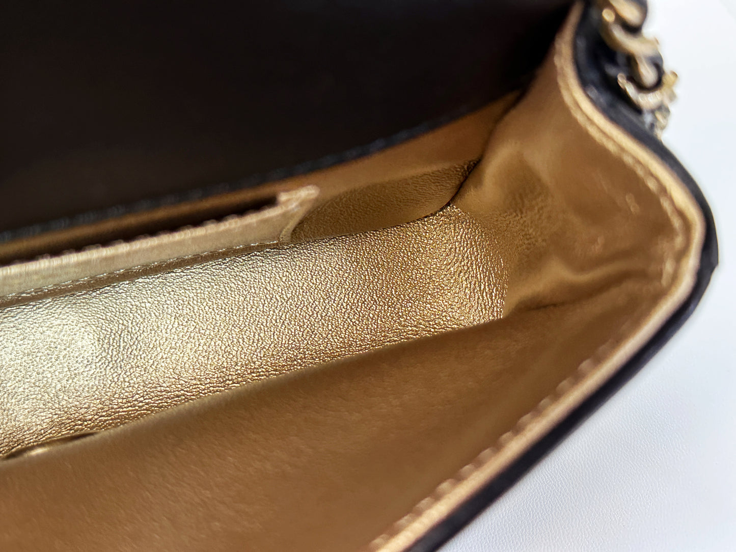 Chanel Mini Metallic Lambskin Quilted Camellia Flap Bag Black Gold 2479 holo card