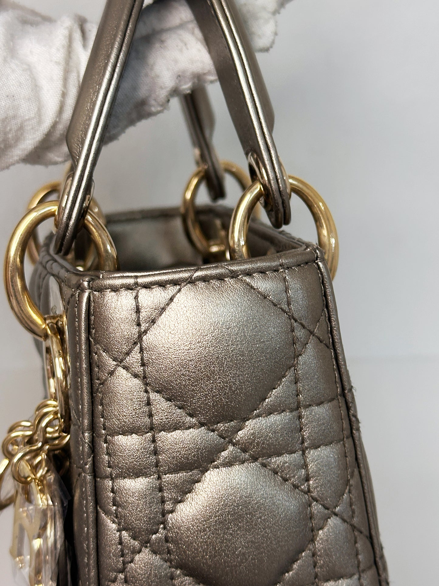 CHRISTIAN DIOR LADY MINI CALFSKIN CANNAGE BRONZE METALLIC GOLDEN HARDWARE CHAIN STRAP