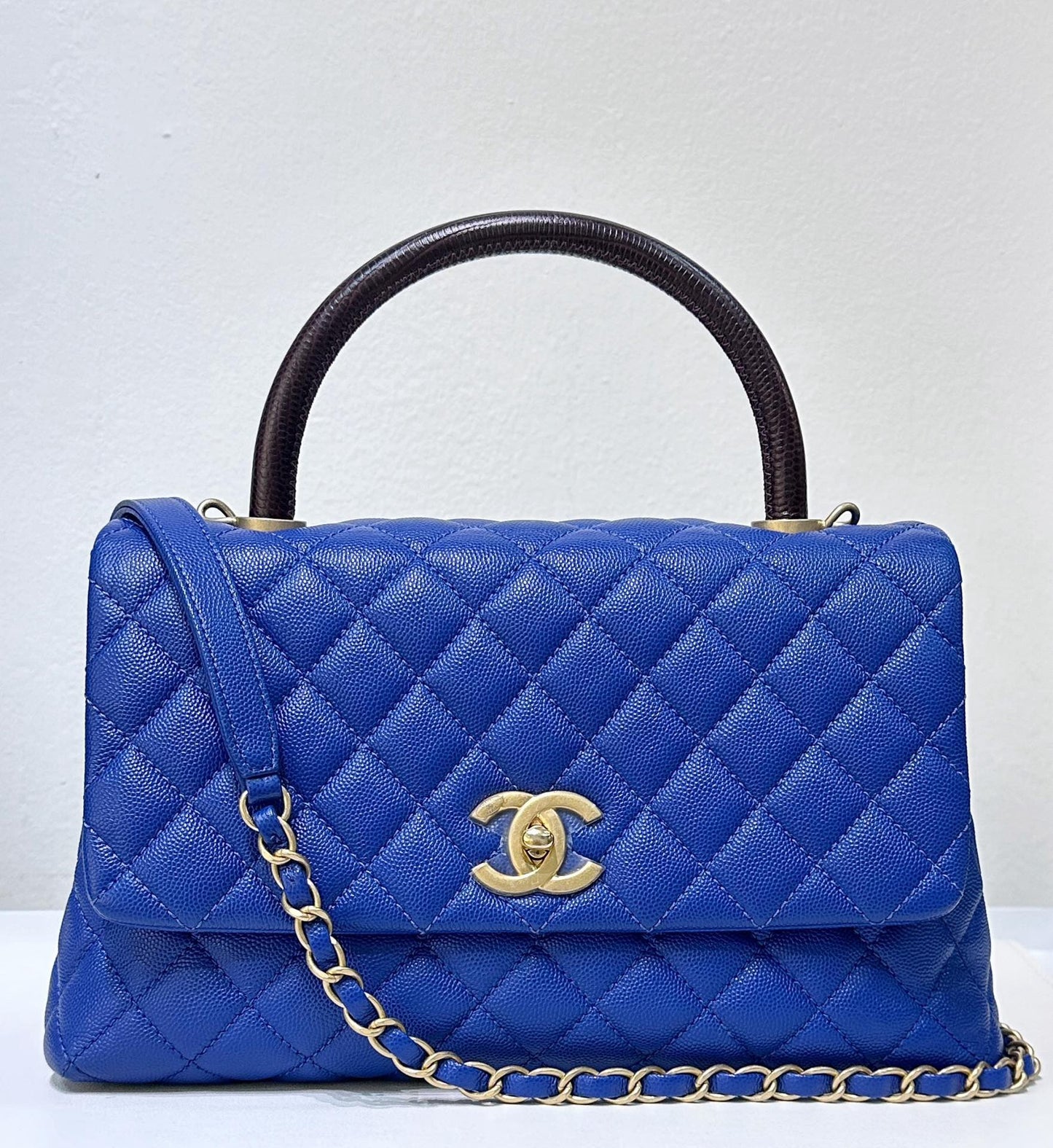 Chanel Medium Caviar Lizard Embossed Quilted Coco Handle Flap Dark Blue