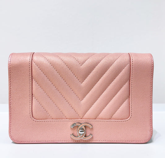 CHANEL Metallic Caviar Chevron Quilted Vintage Mademoiselle Wallet On Chain WOC Pink