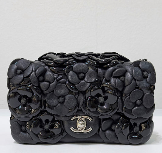 Chanel Mini Limited Edition Black Camellia  Lambskin Flap Bag