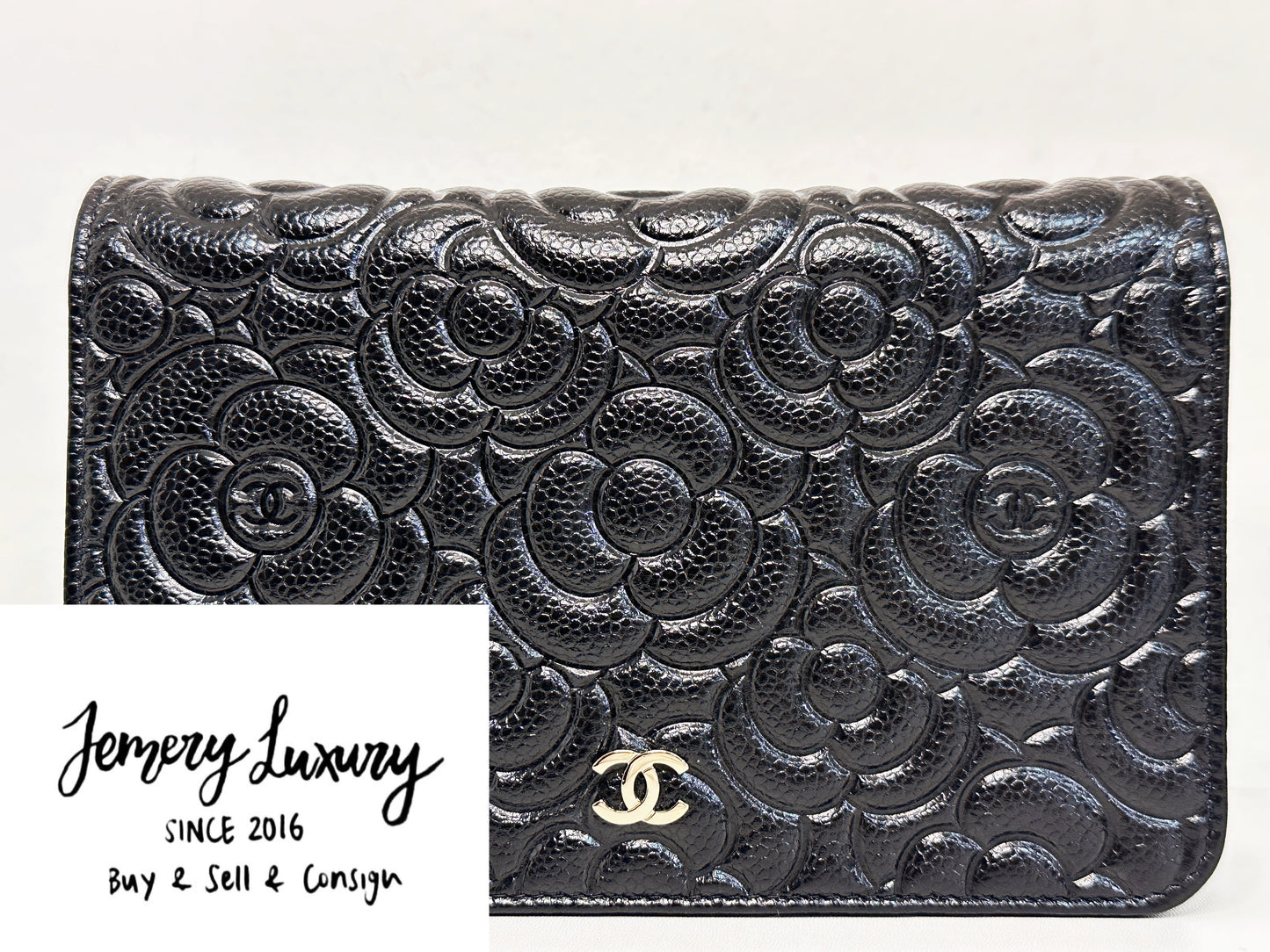 Chanel Black Caviar Camellia Embossed Wallet on Chain WOC Crossbody/ Clutch Bag 2951 holo card