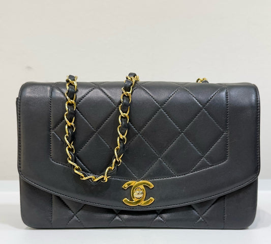 Chanel Small Vintage Diana Lambskin Should Flap Bag Black GHW 2 Holo