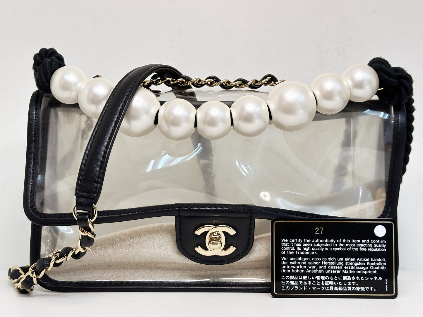 Chanel Medium Lambskin CoCo Sand PVC Sand By The Sea Flap With Pearl Strap Black 274 holo card