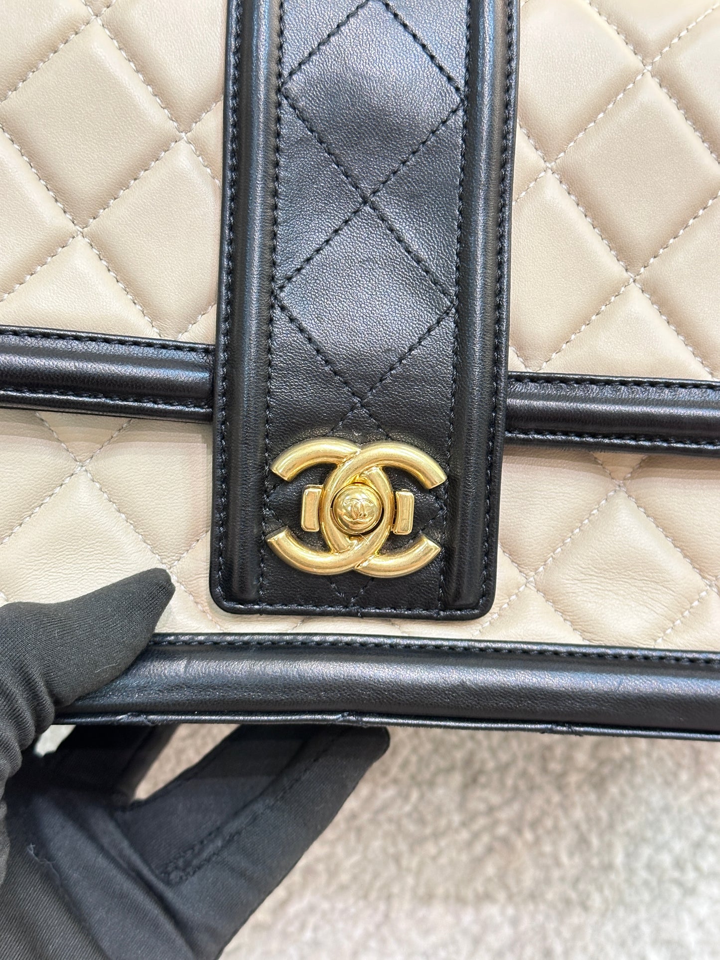 Chanel Medium Lambskin Quilted Elegant CC Flap Beige Black GHW