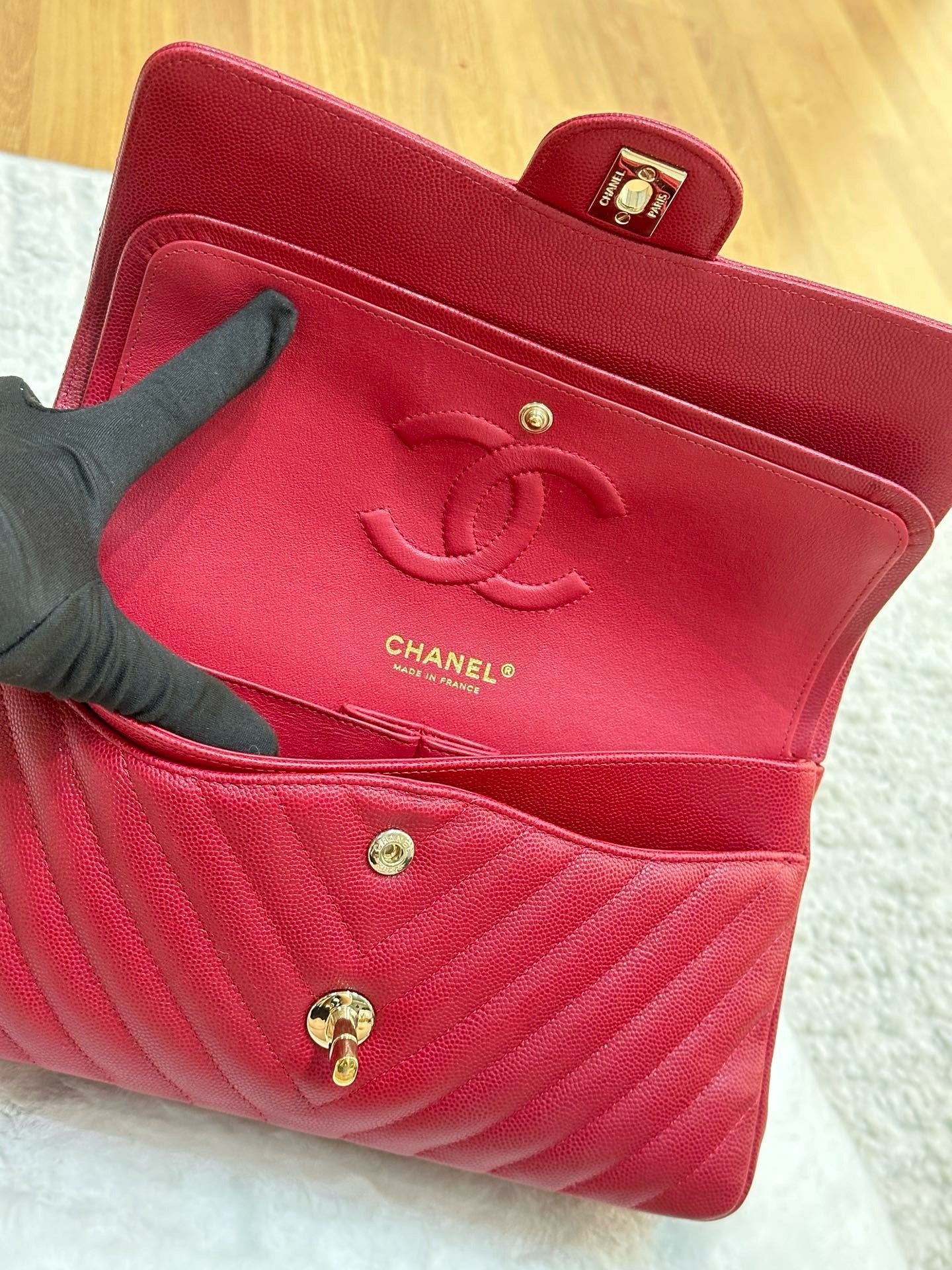 Chanel Medium Chevron Caviar Double Flap Red GHW