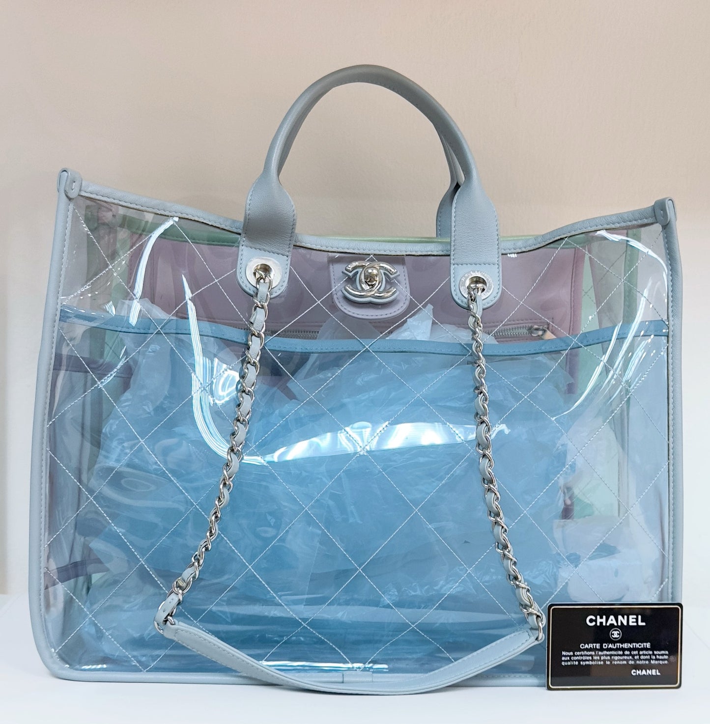 Chanel Lambskin PVC Quilted Medium Coco Splash Shopping Bag Blue Green Pink 2562 holo card