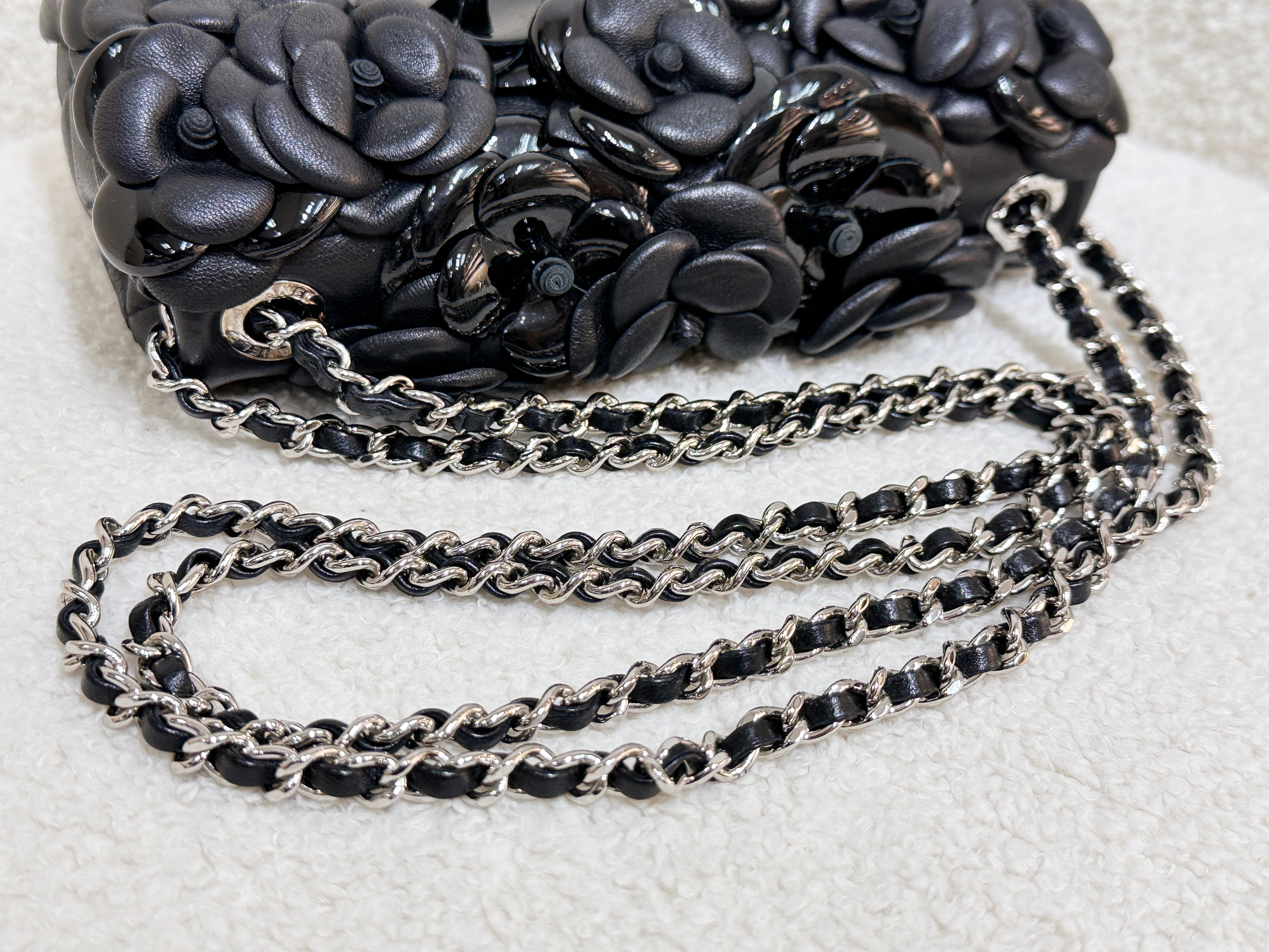 Chanel Mini Rectangular Camellia Flap Bag Black Lambskin and Patent Silver Hardware