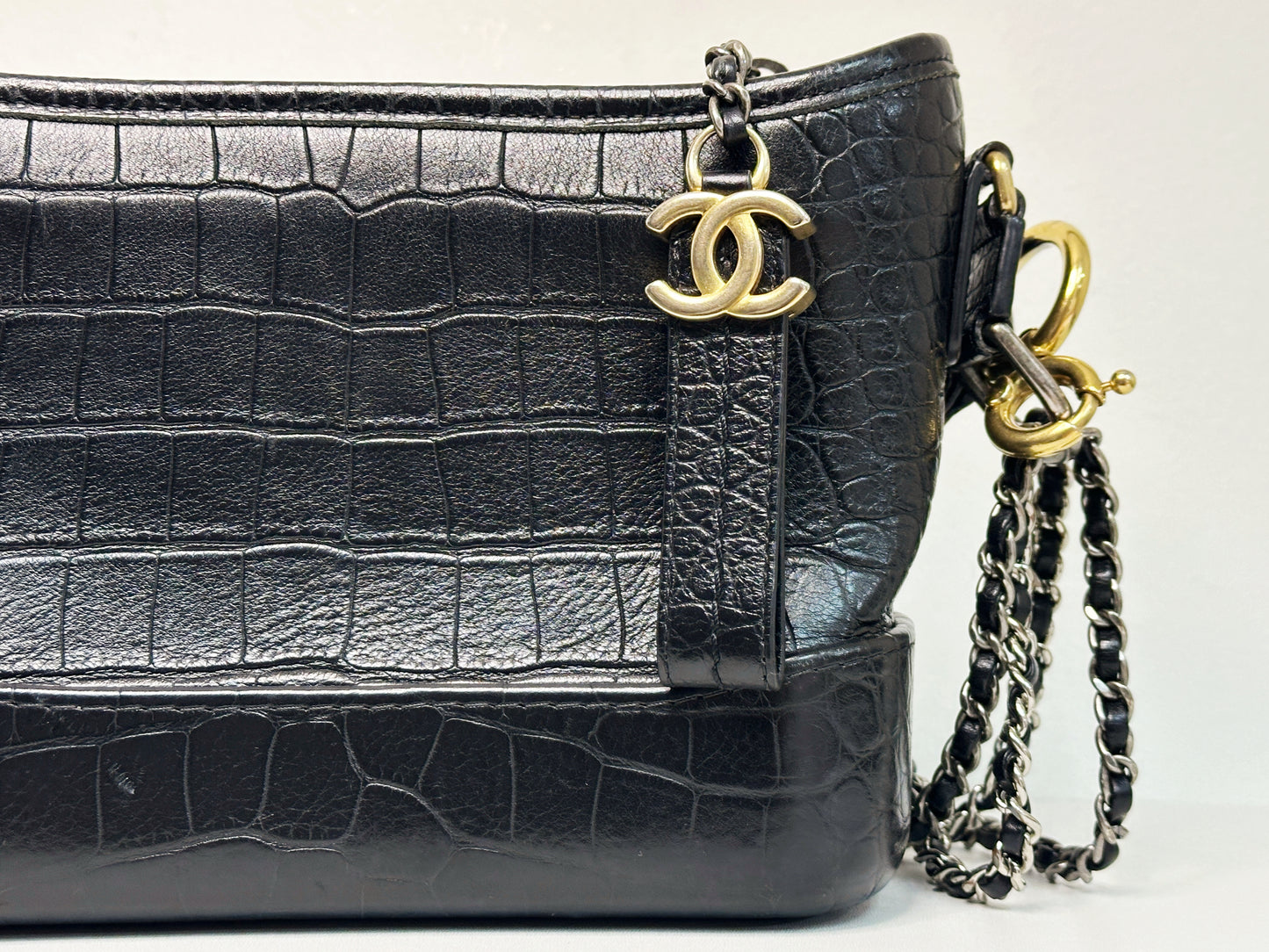 Chanel Small Gabrielle Hobo Bag Crocodile Embossed Calfskin Black 2822 holo card