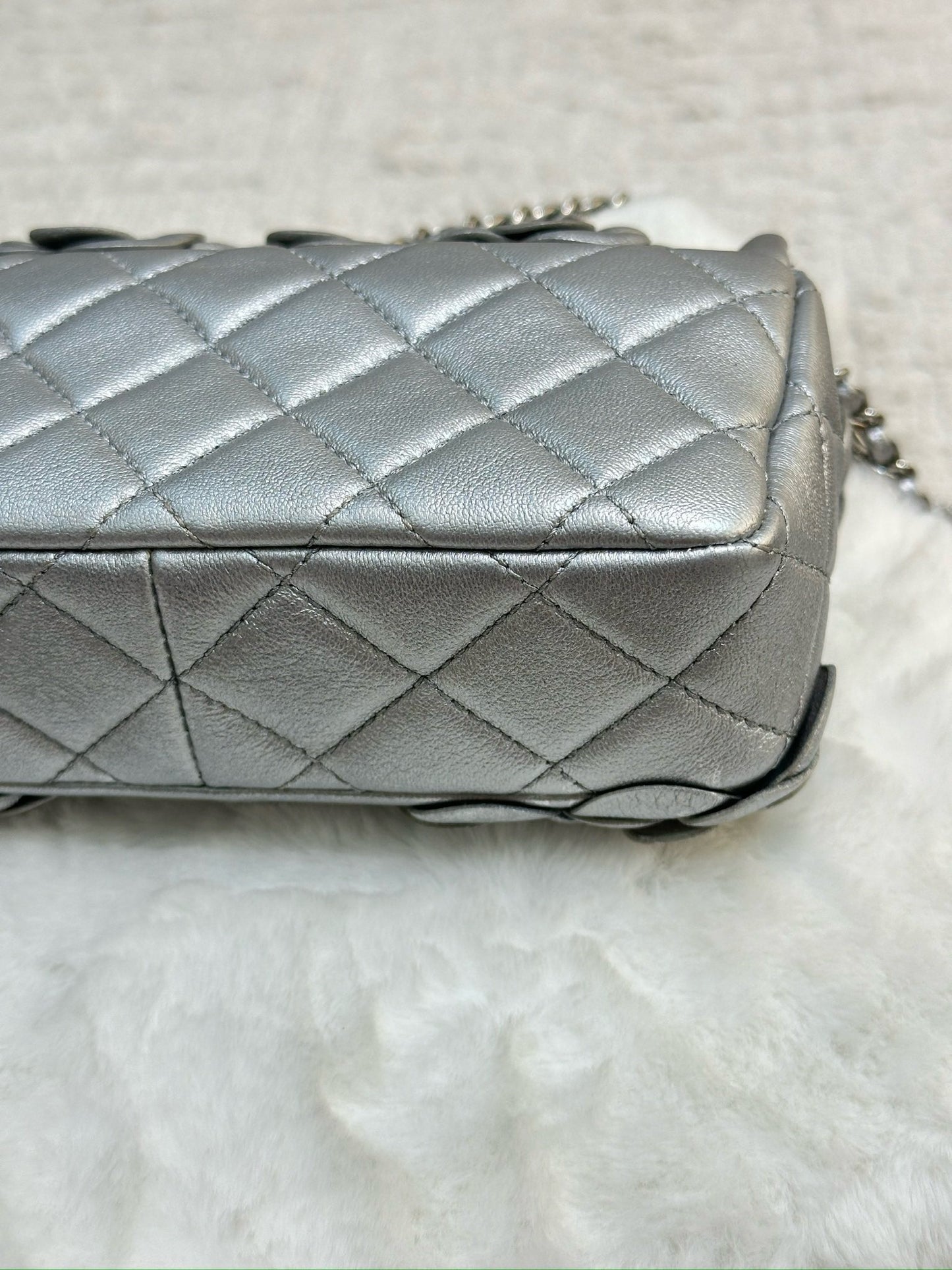 Chanel Mini Camellia Lambskin Shiny Silver SHW