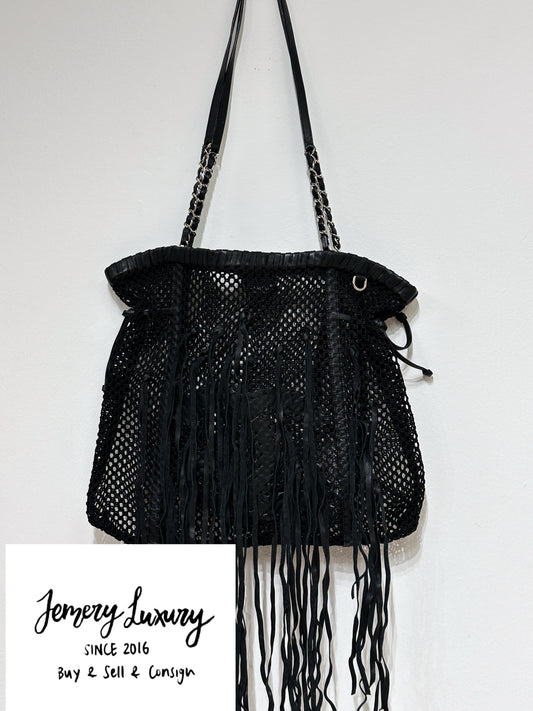Chanel Limited Edition Resort  Black Fringe Mesh Tote Bag 1426 holo