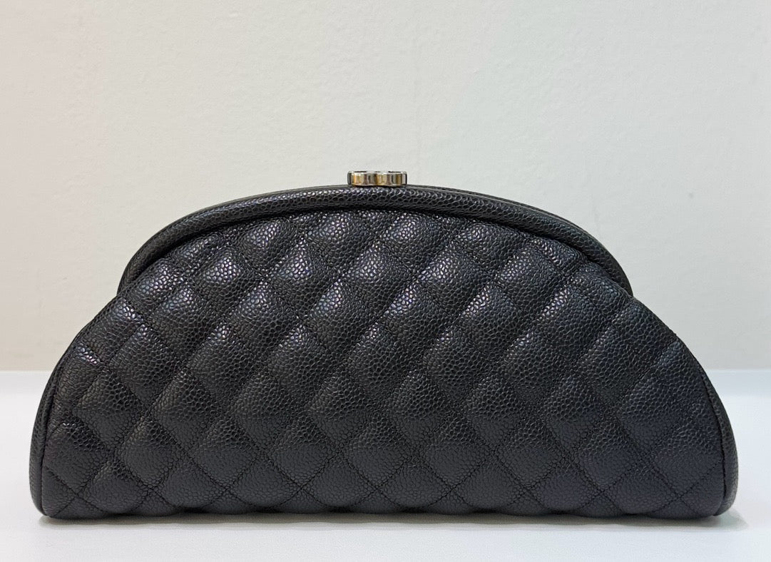 Chanel Quilted Timeless Kisslock Clutch Black Caviar SHW 1228 holo card