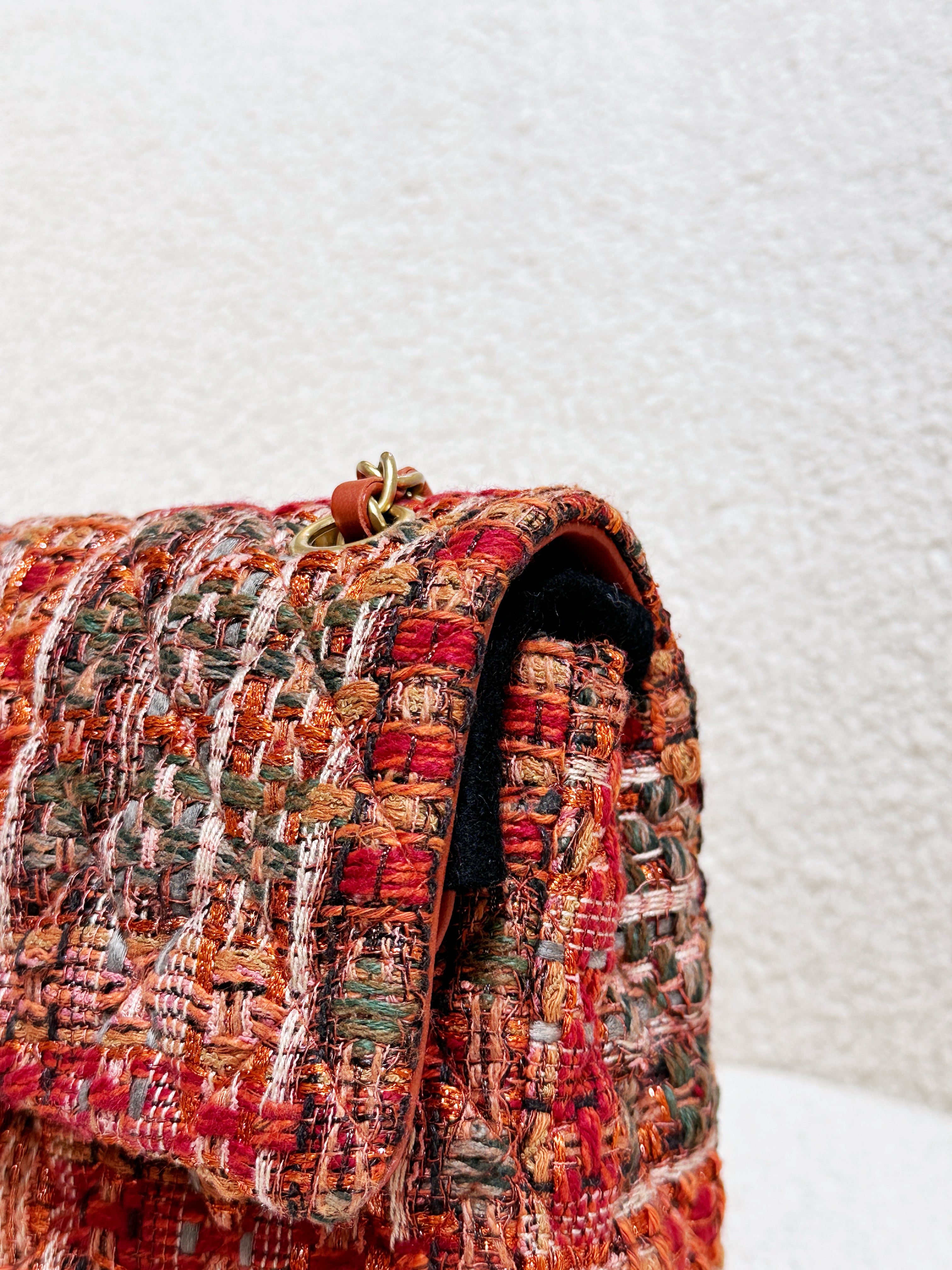 Chanel Tweed Quilted Medium Double Flap Bag Orange Multicolor K9J2 microchip