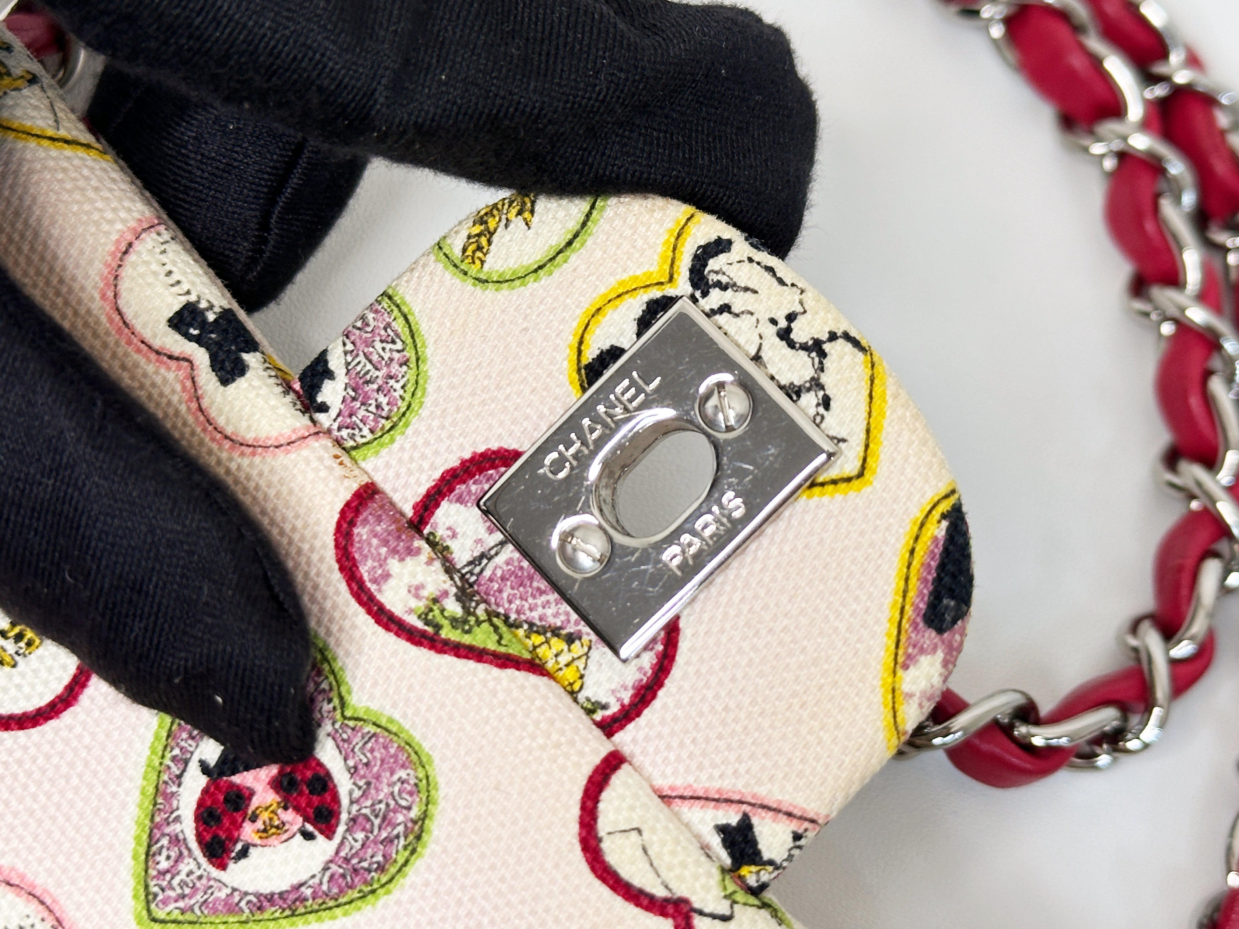 Chanel Valentine Coco Heart Motif Printed Pink Canvas East West Flap Bag 1064 holo