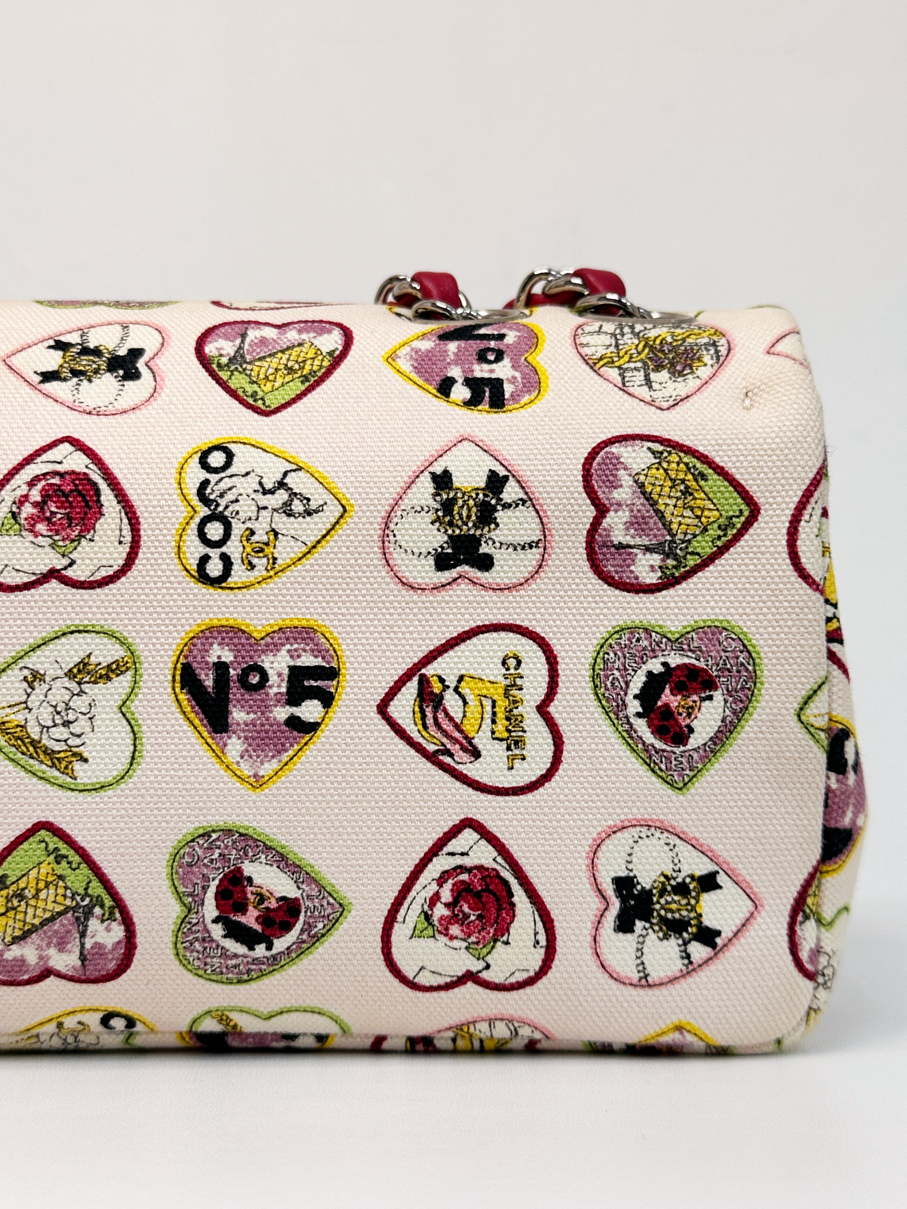 Chanel Valentine Coco Heart Motif Printed Pink Canvas East West Flap Bag 1064 holo