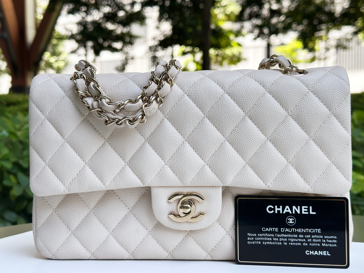 Chanel Medium Caviar Classic Quilted Double Flap Ivory Light Beige Bag LGHW