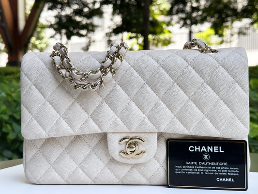 Chanel Medium Caviar Classic Quilted Double Flap Ivory Light Beige Bag LGHW