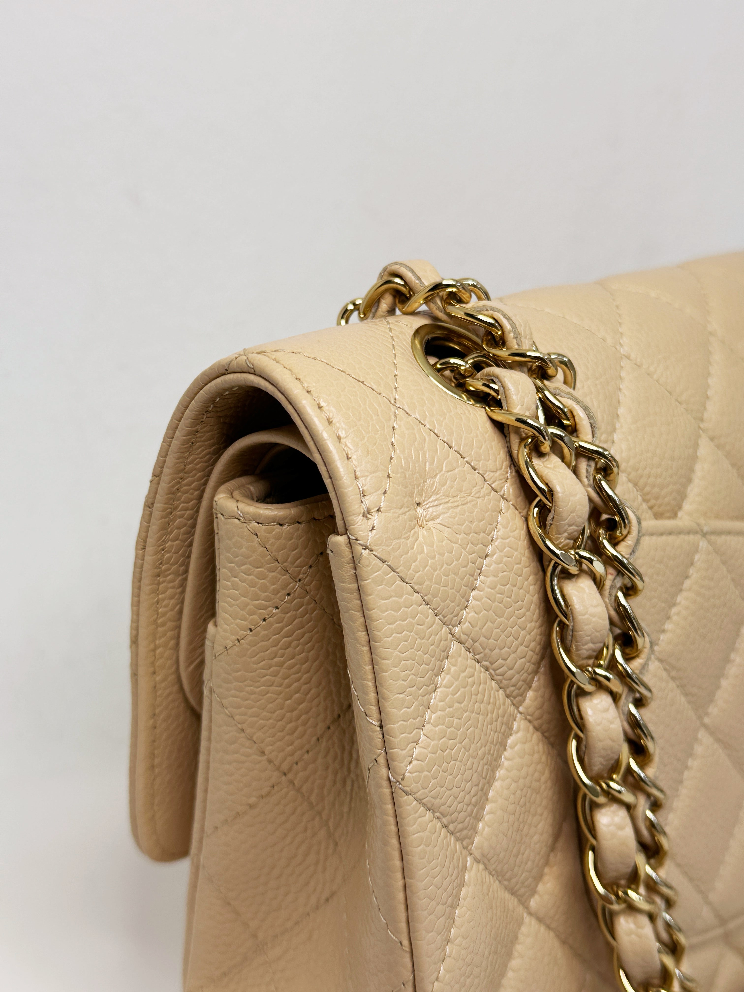 Chanel Medium Beige Classic Caviar Double Flap Bag GHW 2163 holo
