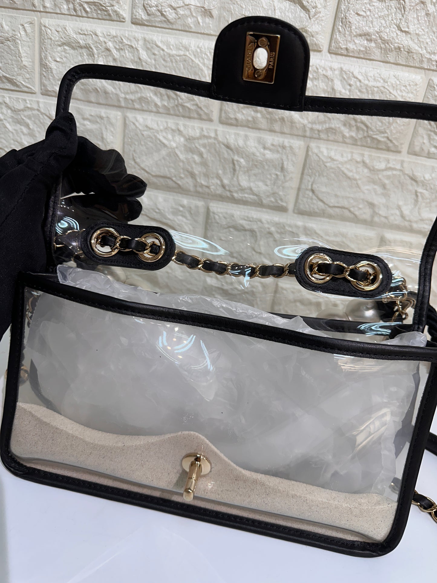 CHANEL Lambskin PVC Sand By The Sea Flap With Pearl Strap Black