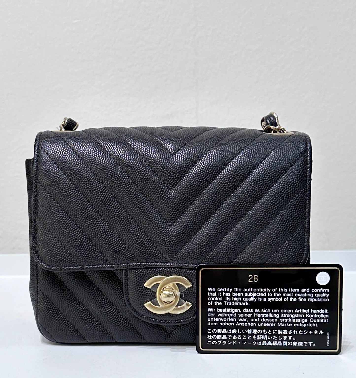 Chanel Mini Square Black Chevron Caviar Light Gold Hardware