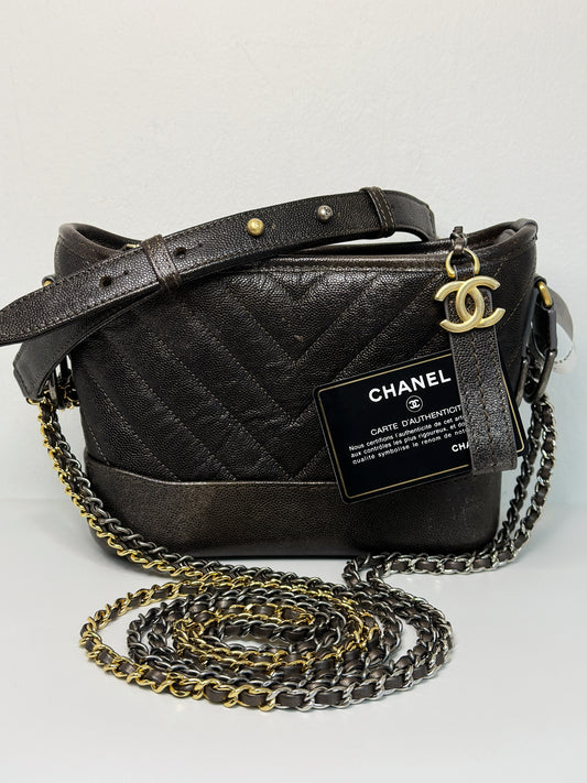 Chanel Gabrielle Small Caviar Chevron Dark Brown 2669 holo card