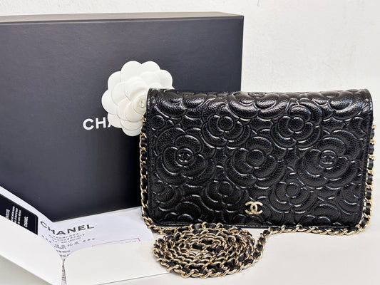 Chanel Black Caviar Camellia Embossed Wallet on Chain WOC Crossbody/ Clutch Bag 2951 holo card