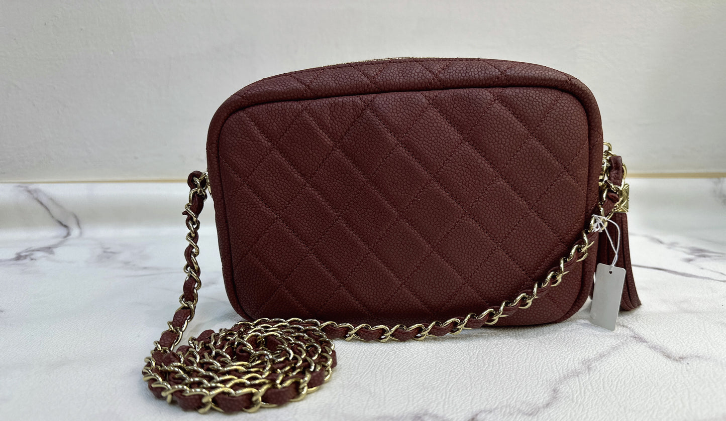 CHANEL Caviar Quilted Mini Coco Tassel Camera Case Burgundy