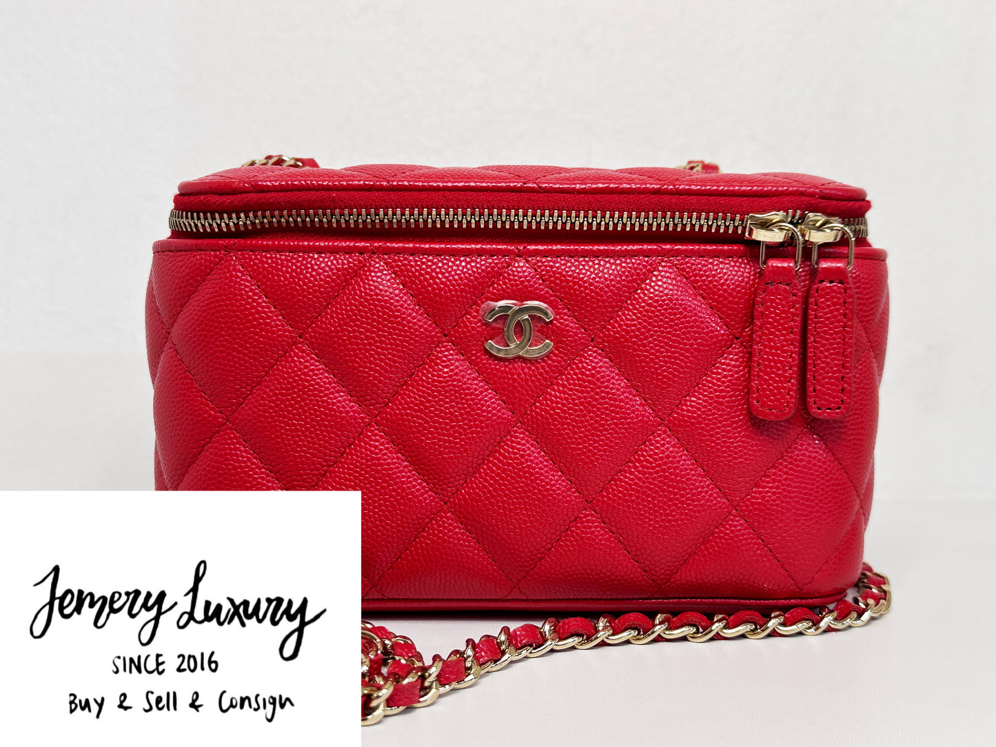 Chanel Caviar Quilted Small Vanity Case With Chain Red 3181 holo card
