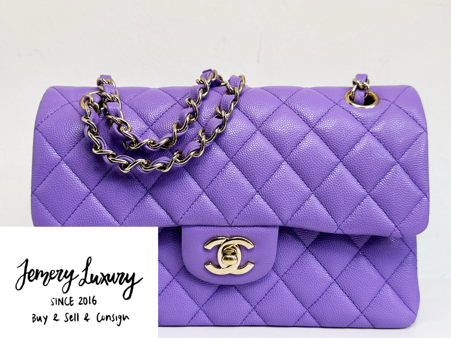 Chanel 20S Small Caviar Classic Quilted Double Flap Bag Purple LGHW 2976 holo card