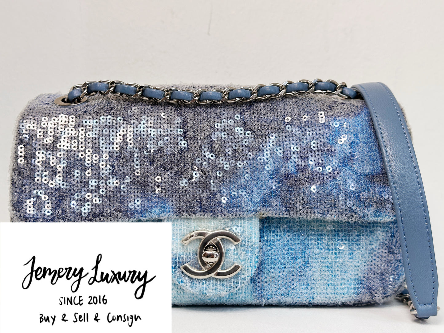 Chanel Sequin Mini Waterfall Light Blue Flap Bag 2590 holo card
