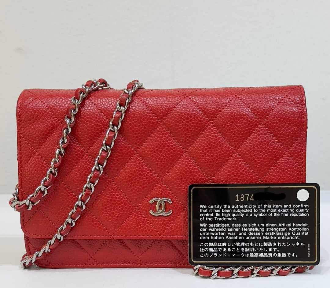 Chanel Caviar Quilted Wallet on Chain WOC Red 1874 holo card