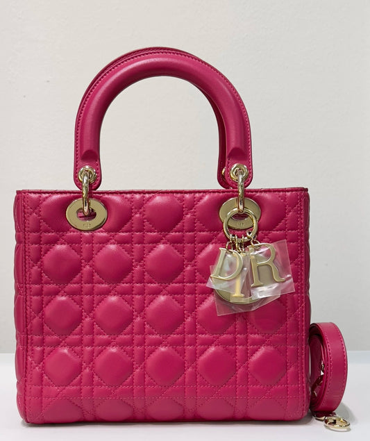 Christian Dior Medium Cannage Lambskin Lady Dior Bag Fuschia Pink GHW