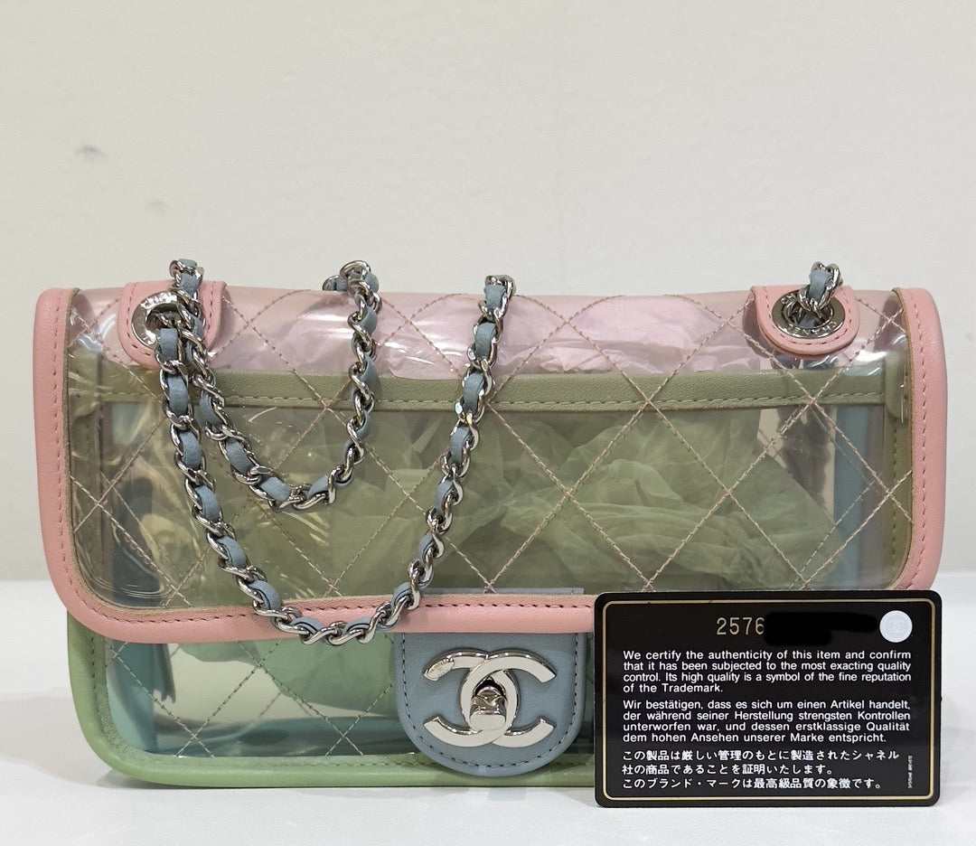 Chanel Mini Coco Splash PVC Flap Bag Pink/Green/Blue SHW 2576 holo card