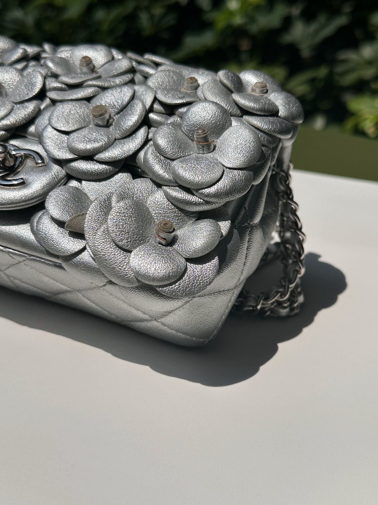 Chanel Mini Camellia Lambskin Shiny Silver SHW 2245 holo