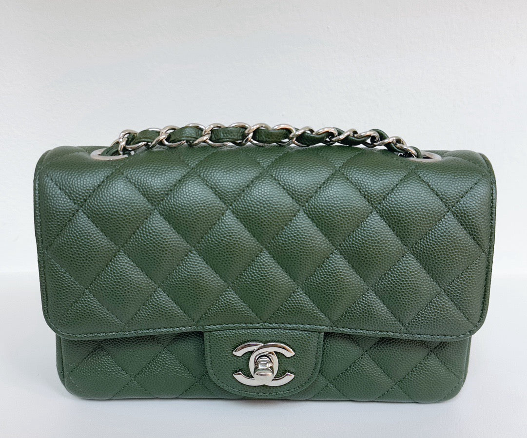 Chanel Caviar Quilted Mini Rectangular Flap Green 2507 holo card