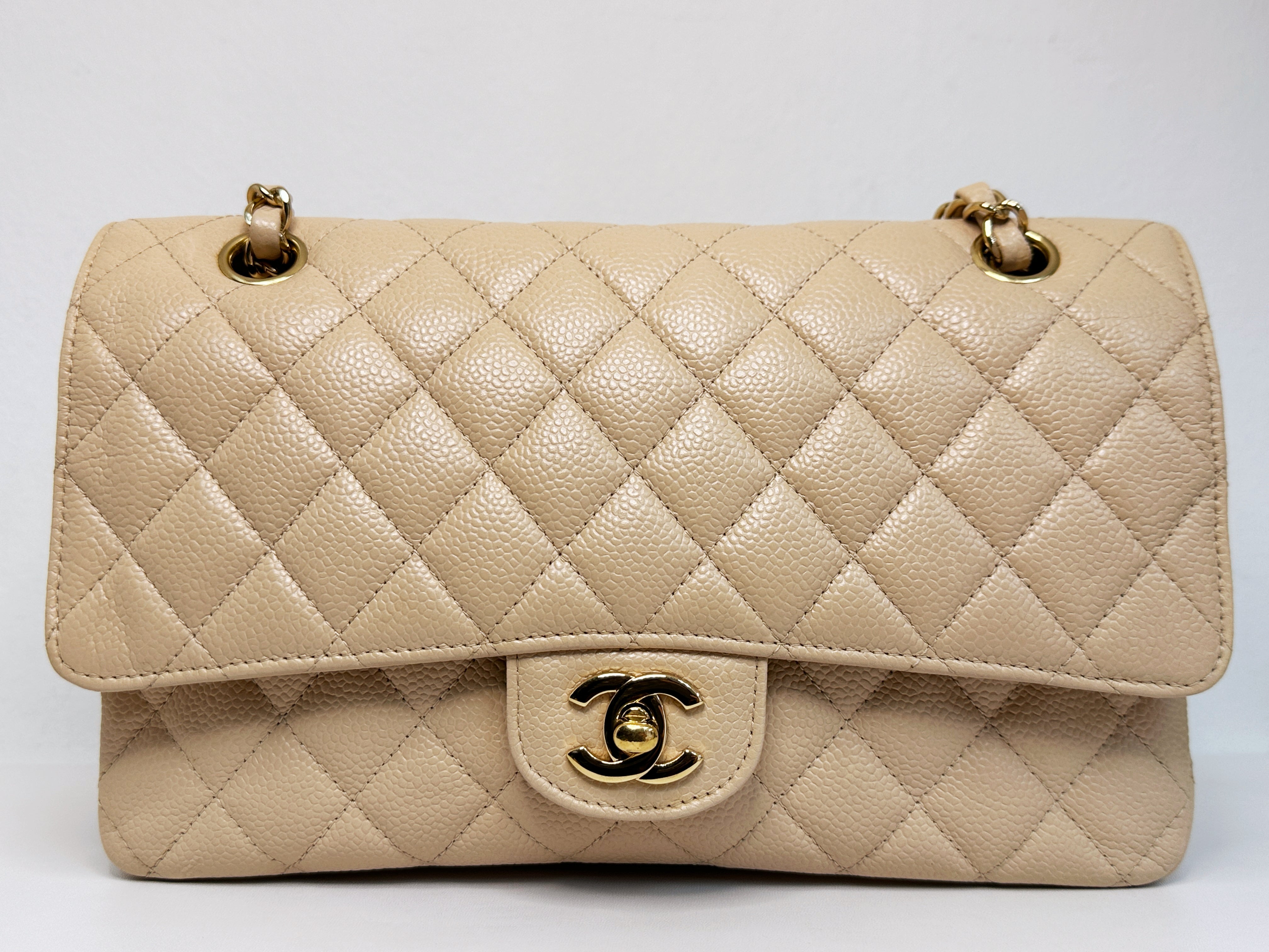 Chanel Medium Beige Classic Caviar Double Flap Bag GHW 2163 holo