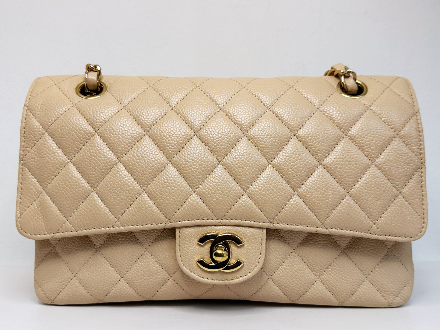 Chanel Medium Beige Classic Caviar Double Flap Bag GHW 2163 holo