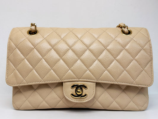 Chanel Medium Beige Classic Caviar Double Flap Bag GHW 2163 holo