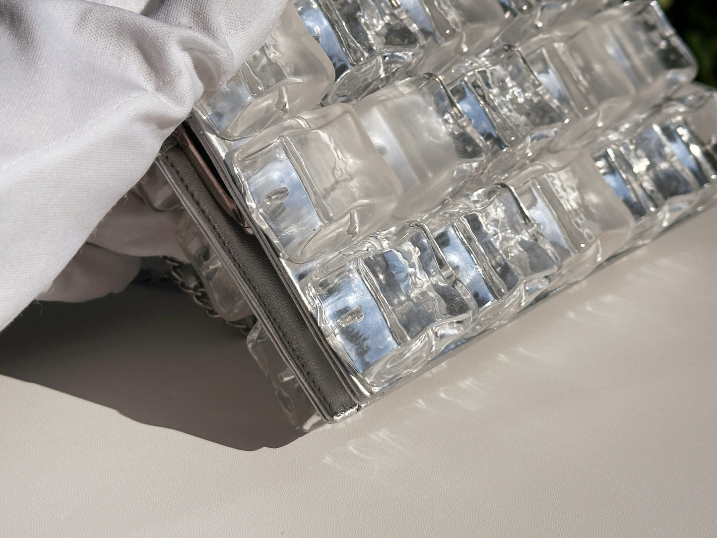 Chanel Silver Metallic Lambskin and Clear Acrylic Ice Cube Bag Silver Hardware 1426 holo card